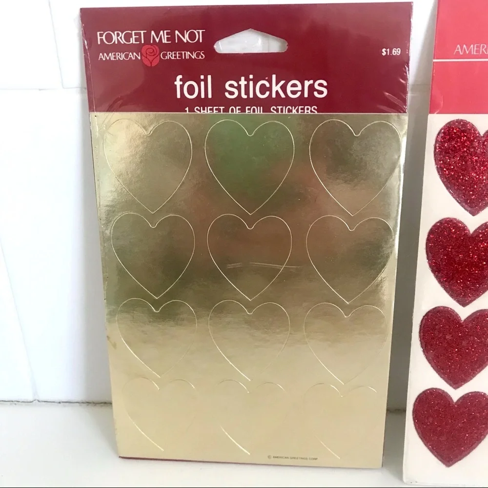 Vintage 80’s red glitter gold foil hearts stickers